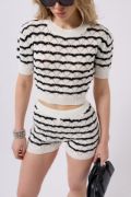 Örgü Detay Çizgili Crop Bluz resmi